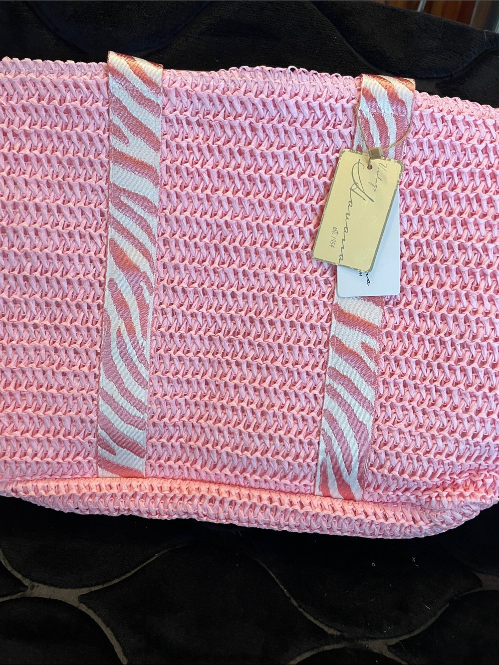 Vintage Havana Pink Woven Tote with Zebra-Patterned Straps